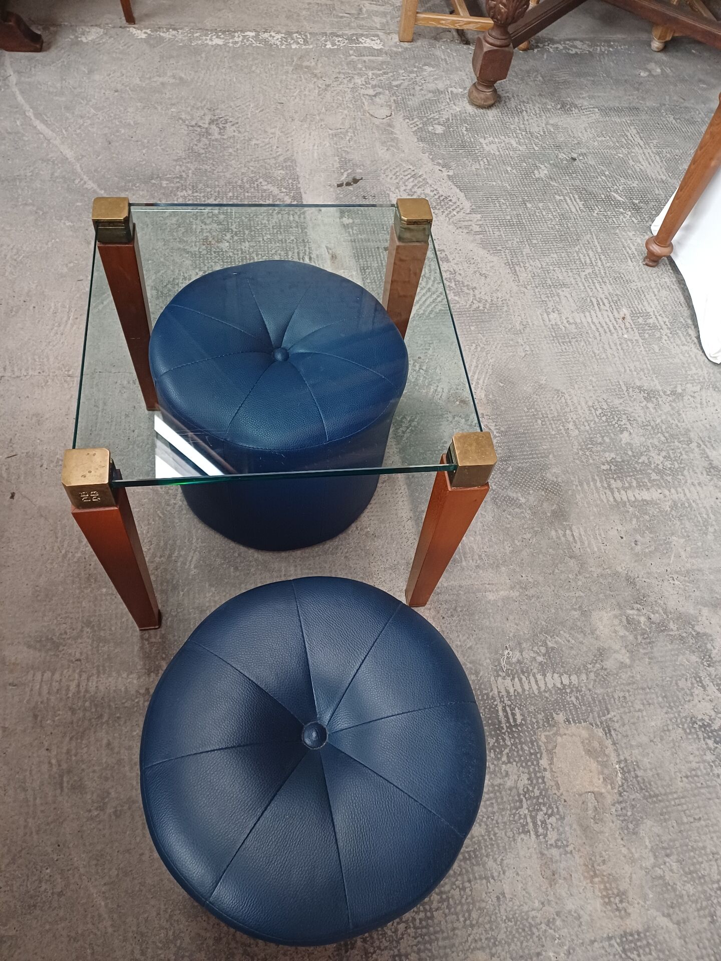 Modernist Design Side Table + 2 Blue Leather Poufs