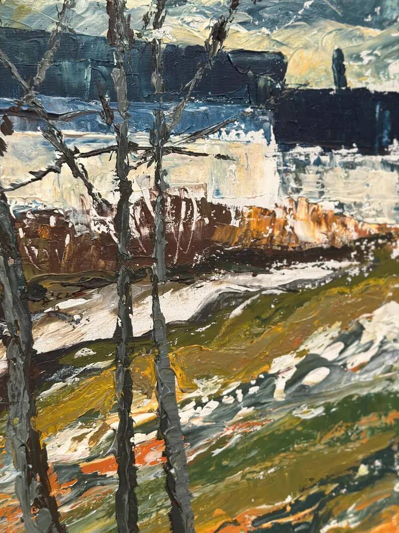 Large Original Swedish Oil on Panel – “Landscape with Houses and Trees” by Stig Hallblom – Signed – Vintage & Framed 90×59.5cm (35.4"×23.4")