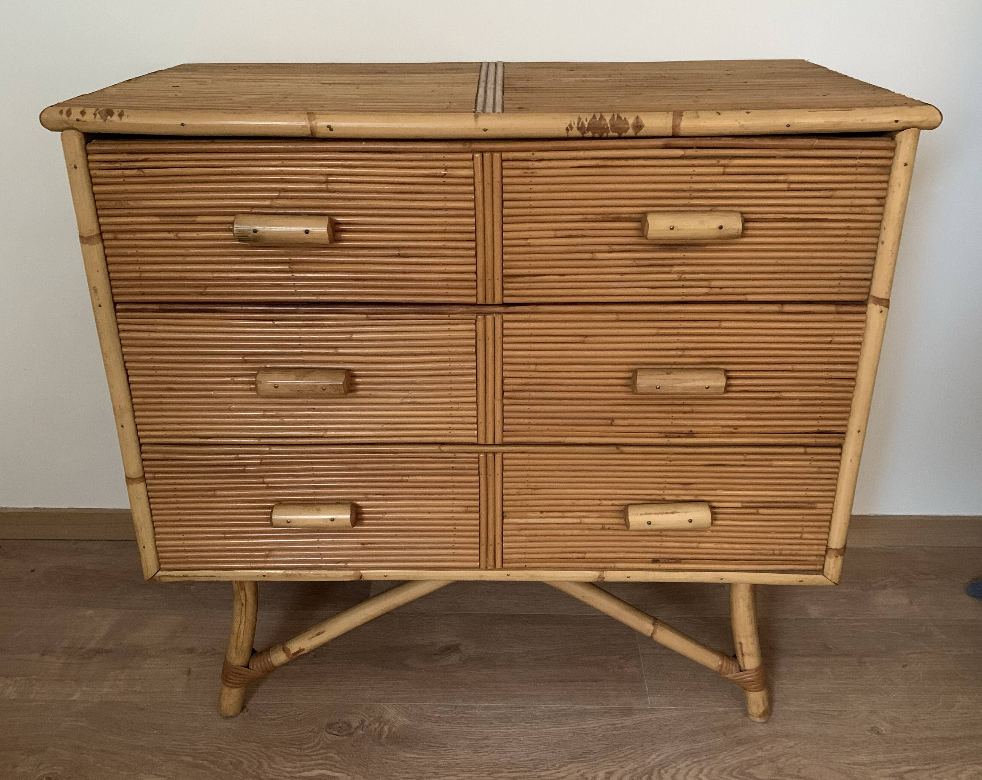 3-drawer rattan/bamboo chest of drawers attributed to Adrien Audoux and Frida Minnet. Circa 1950