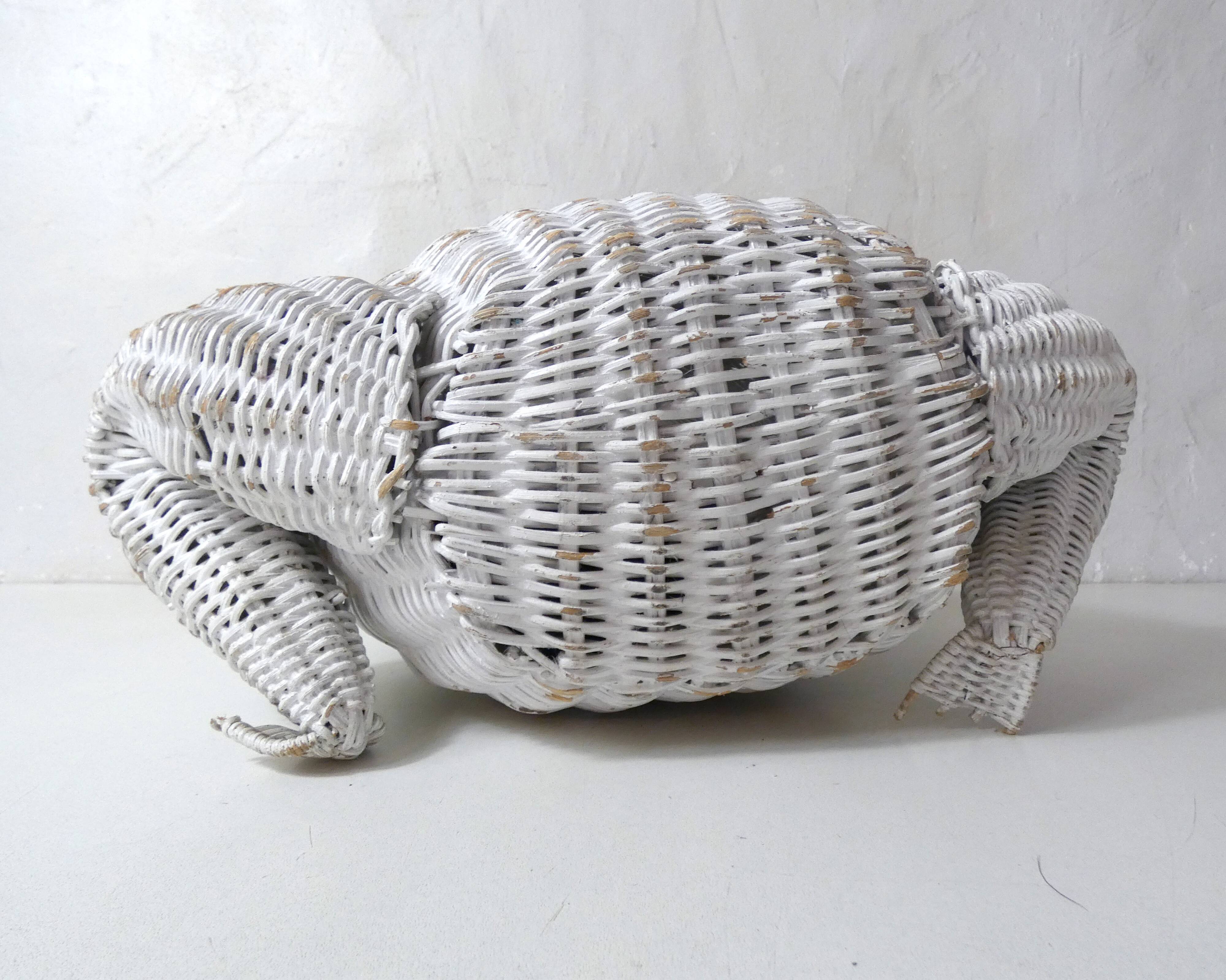 Corbeille à papier grenouille vintage en rotin blanc