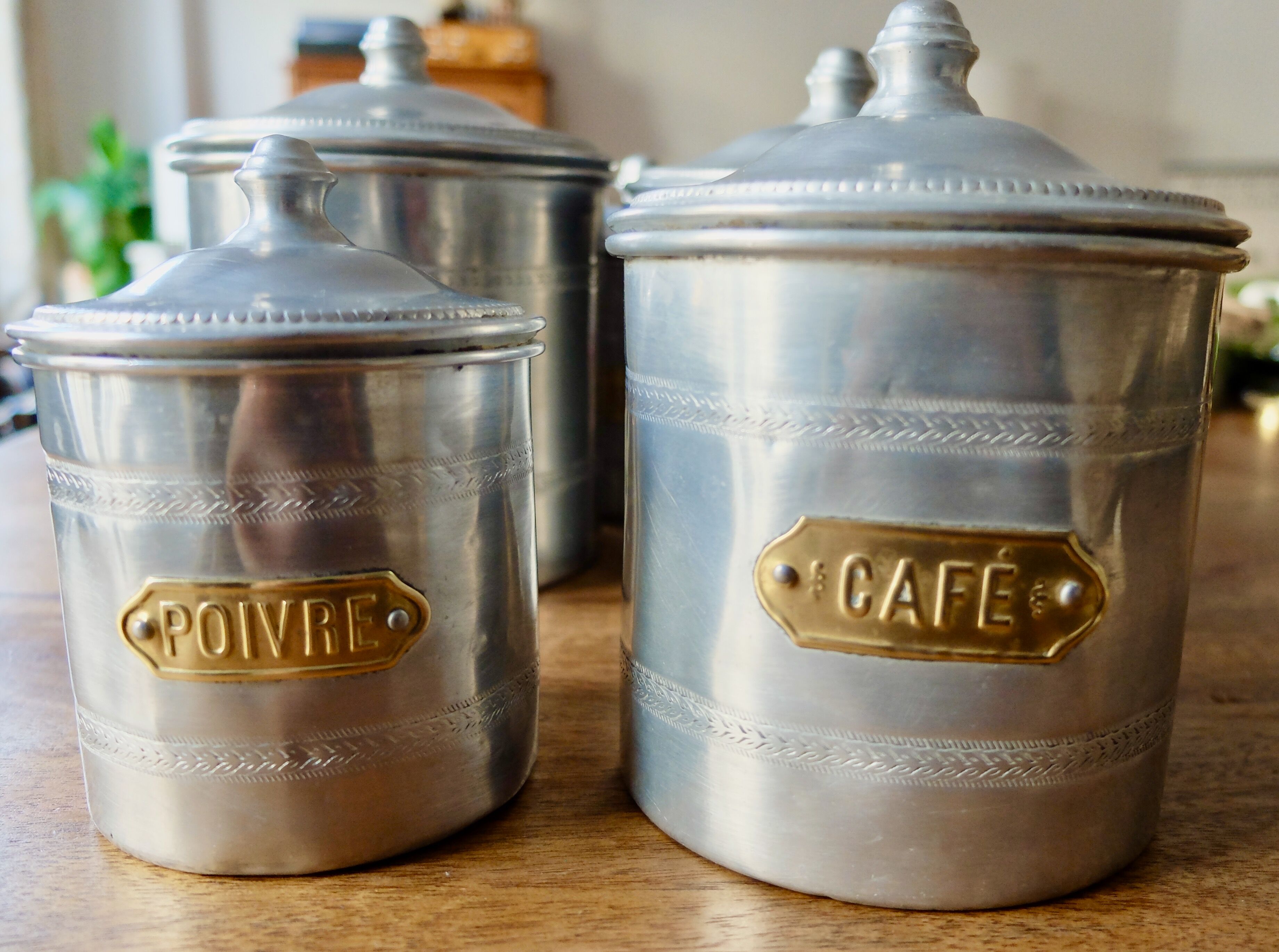 Series of 5 tin spice pots