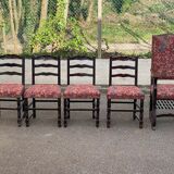 Henri II armchair in solid wood and floral burgundy fabric, 19th century.