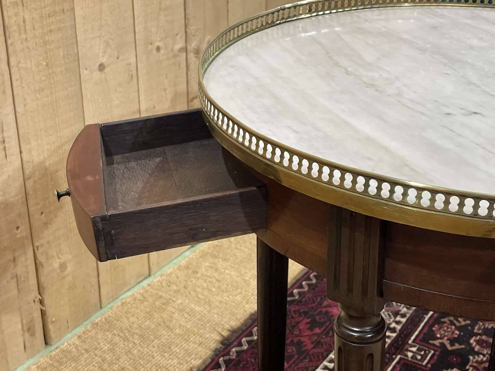 Louis XVI style mahogany bouillotte table from the 1950s with a marble top
