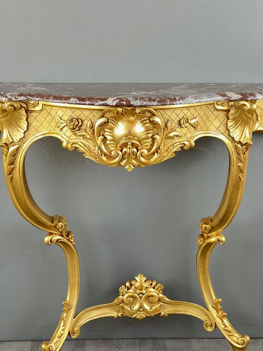 Louis XV Style Wall Console in Gilded Wood and Marble, 19th Century