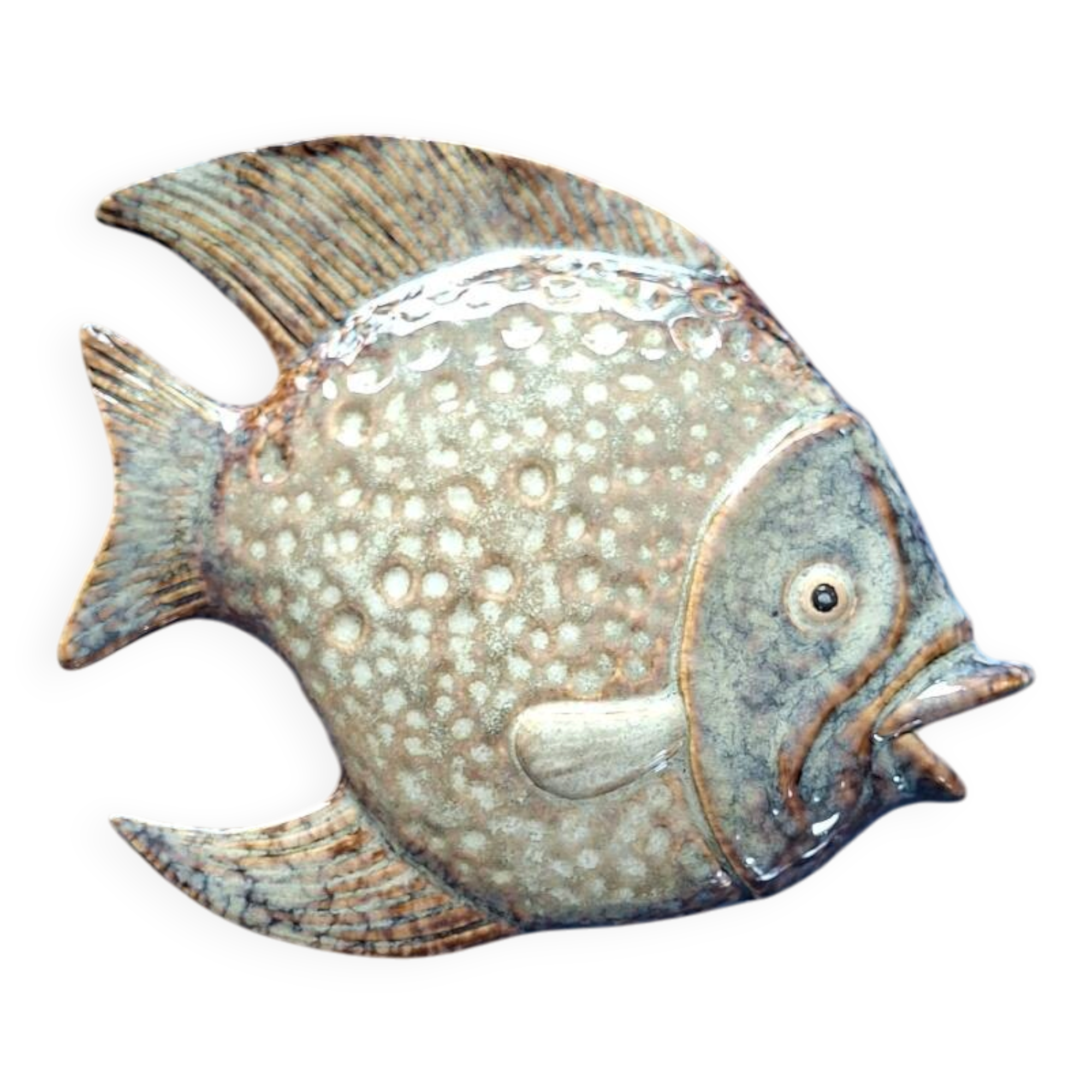 Vallauris ceramic wall sculpture of a relief fish on a blue plaque.