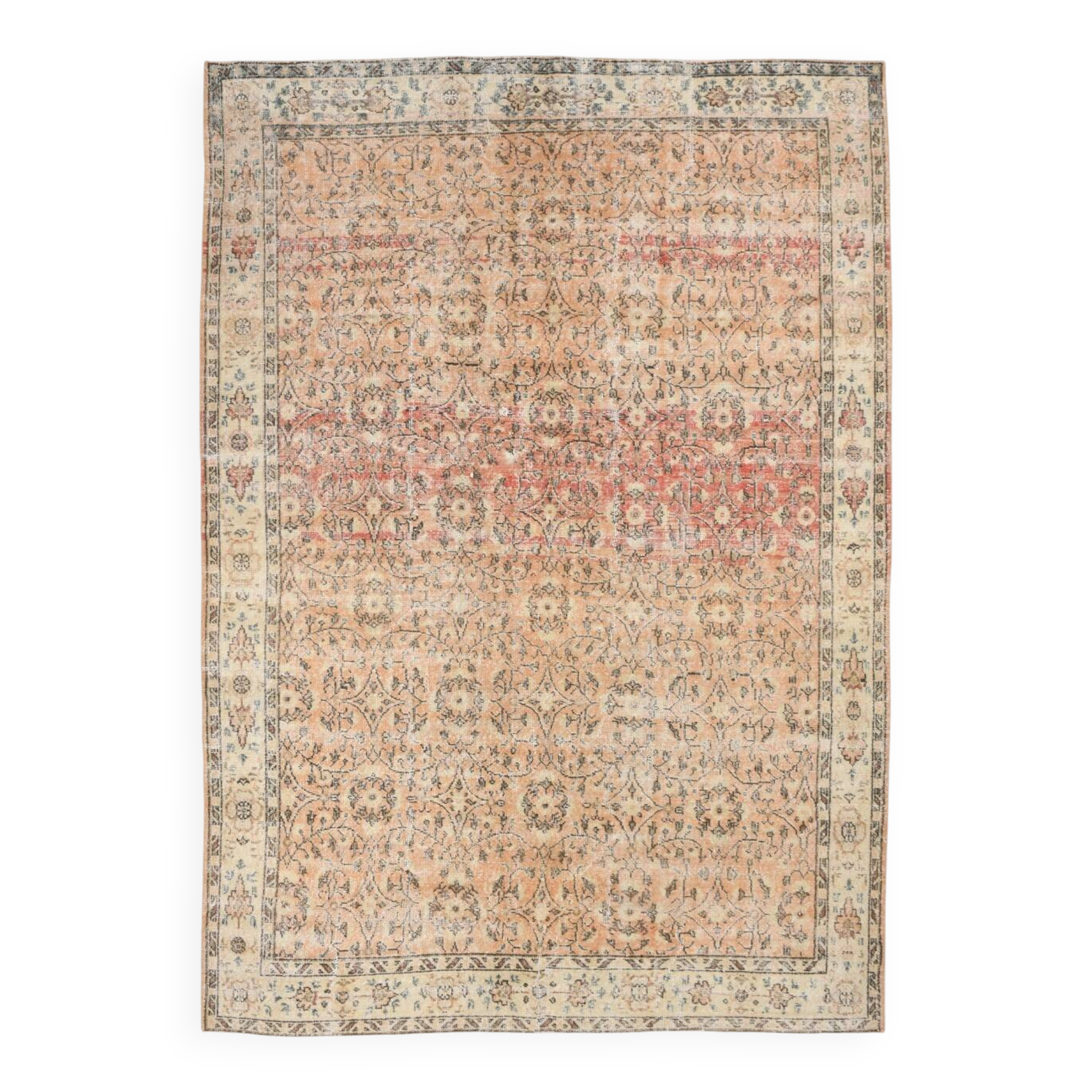 7x10 Vintage Peach Salmon Large Area Turkish Vintage Rug, 210x301 Cm
