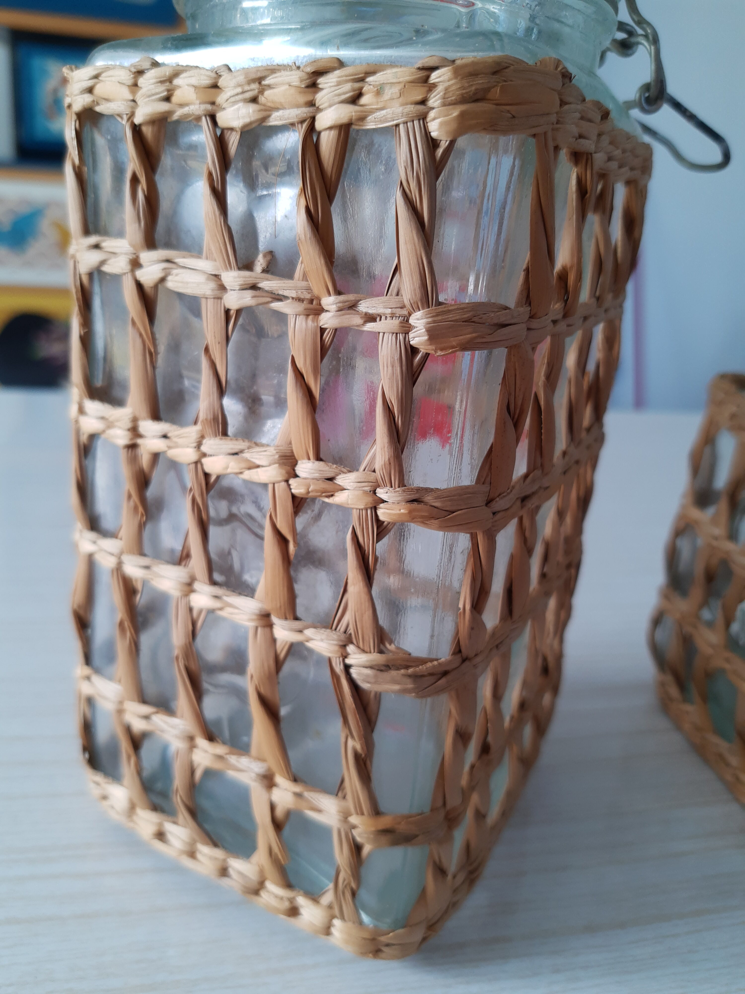 Pair of glass jars and rush