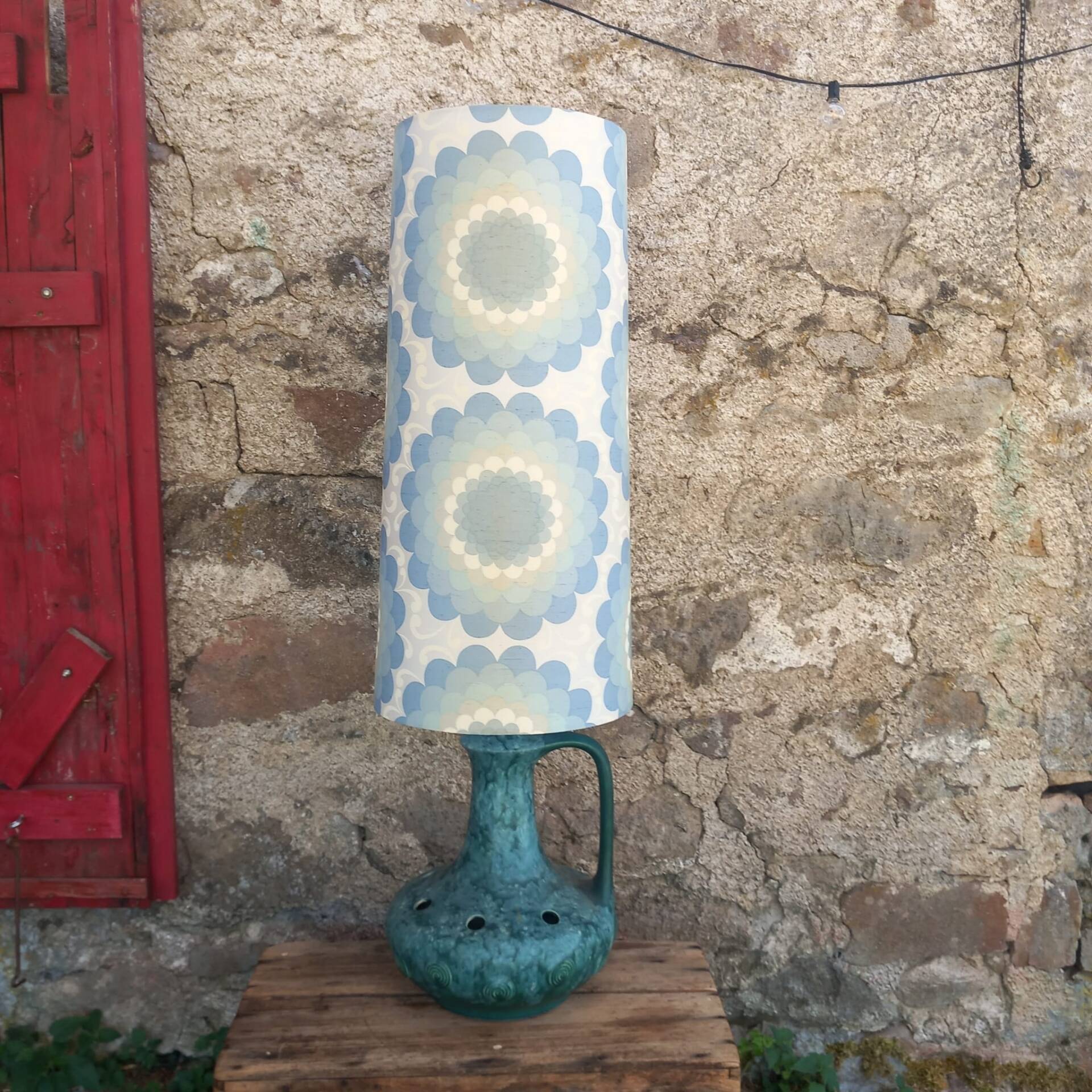 Vintage lampenkap, blauw, Bloemmotief.