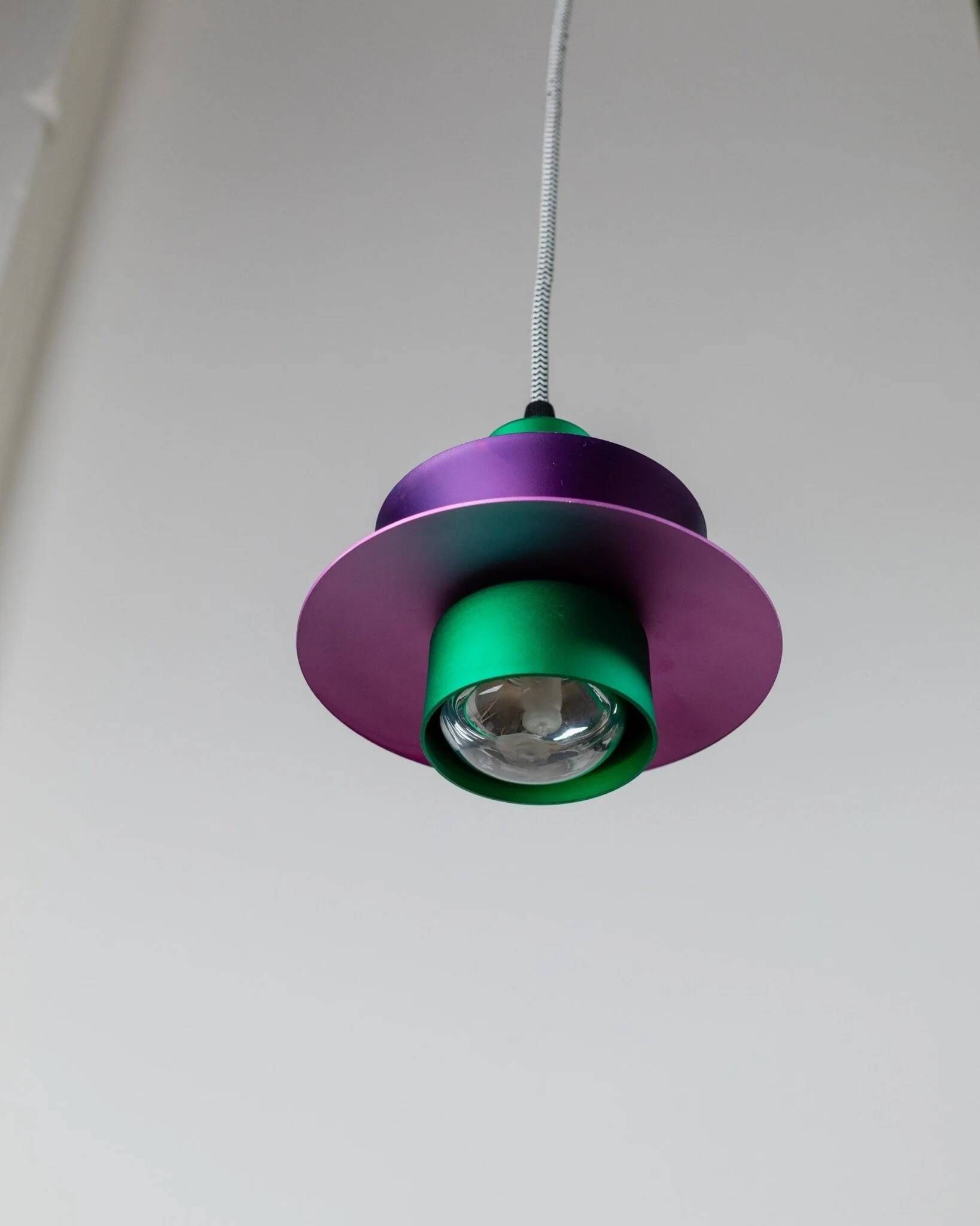 Vintage ceiling suspension in aluminium - 1980s, postmodern Memphis style - purple and green, striped cable, zigzag.