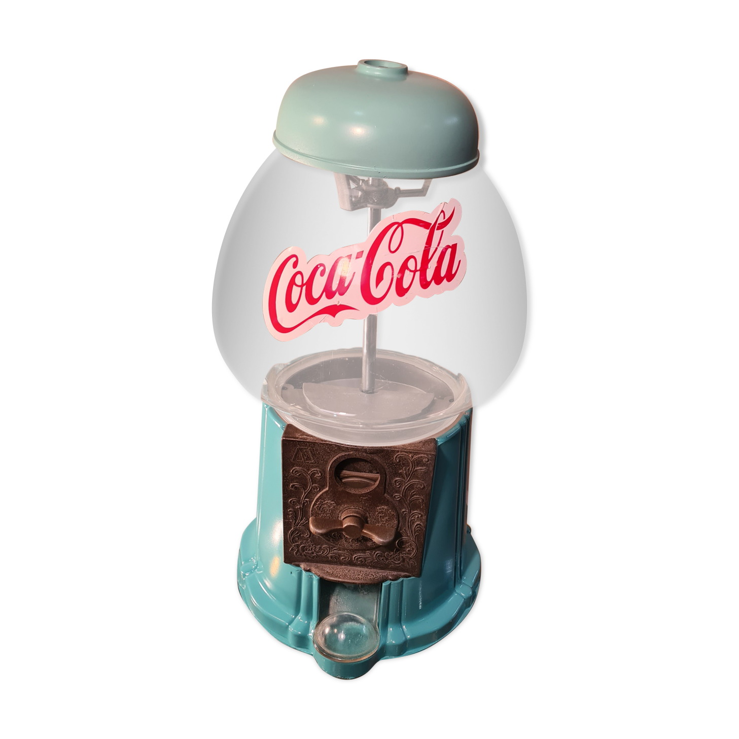 Candy, chewing gum, peanut glass and metal dispenser color 2 shades of turquoise 28x20