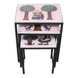 Table gigognes - métal et céramique de Dour 1960