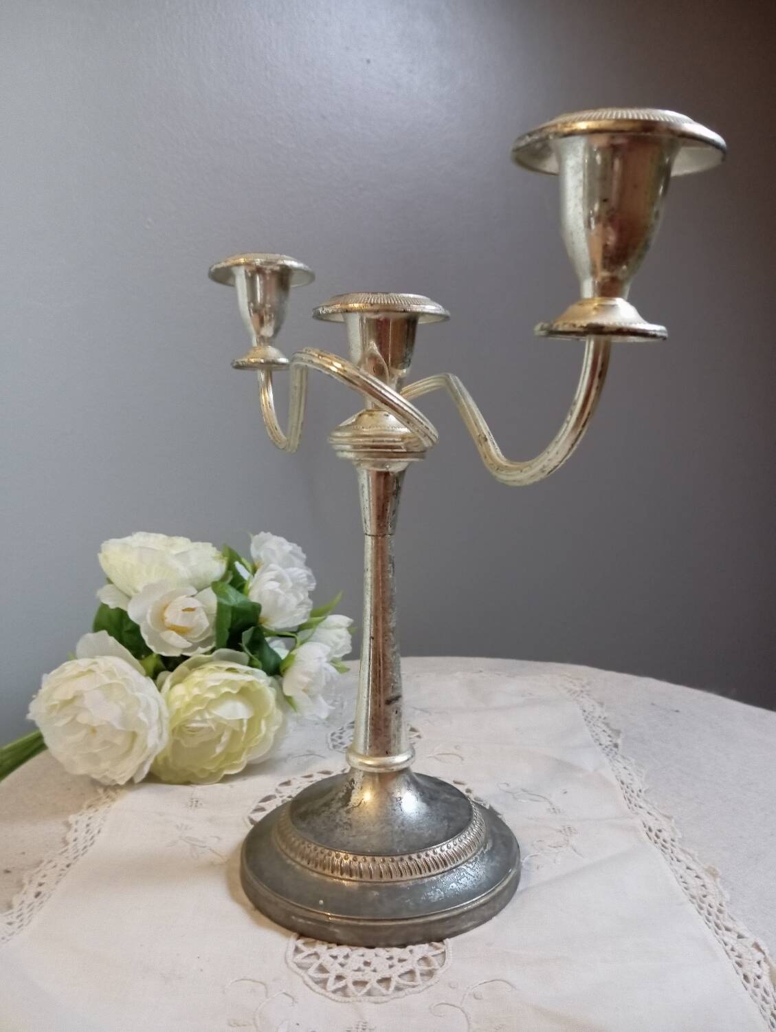 Bougeoir candélabre 3 bras argent plaqué, vintage