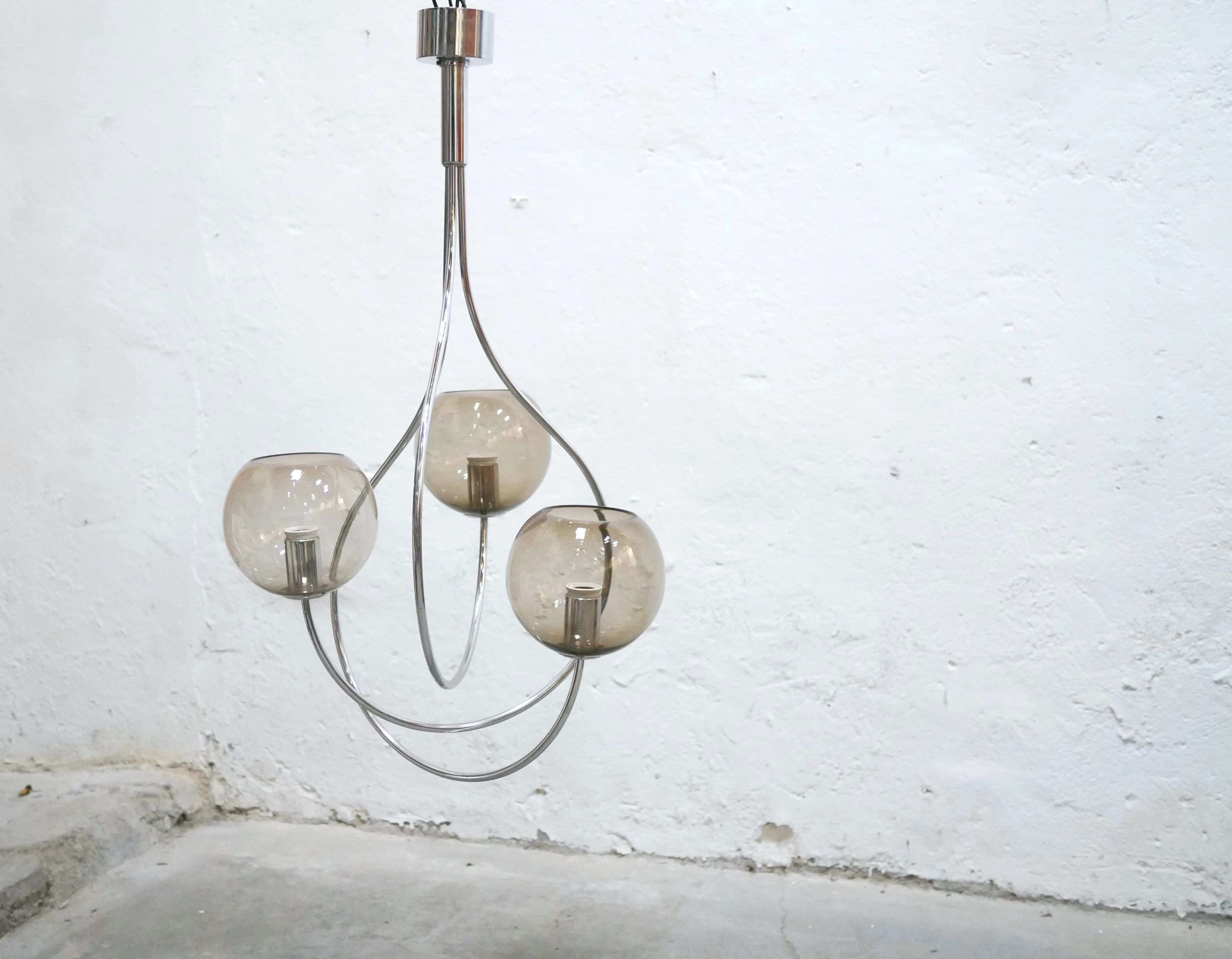 Vintage chandelier in chromed metal and smoked glass