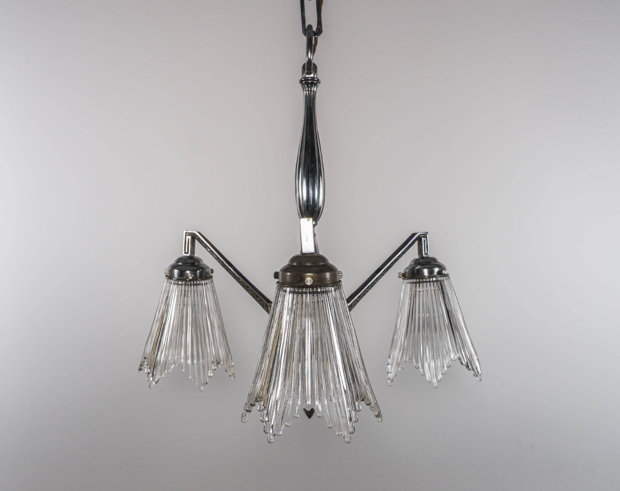 1930s French Art Deco Chrome Chandelier with Prismatic Glass Shades
