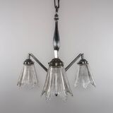 1930s French Art Deco Chrome Chandelier with Prismatic Glass Shades
