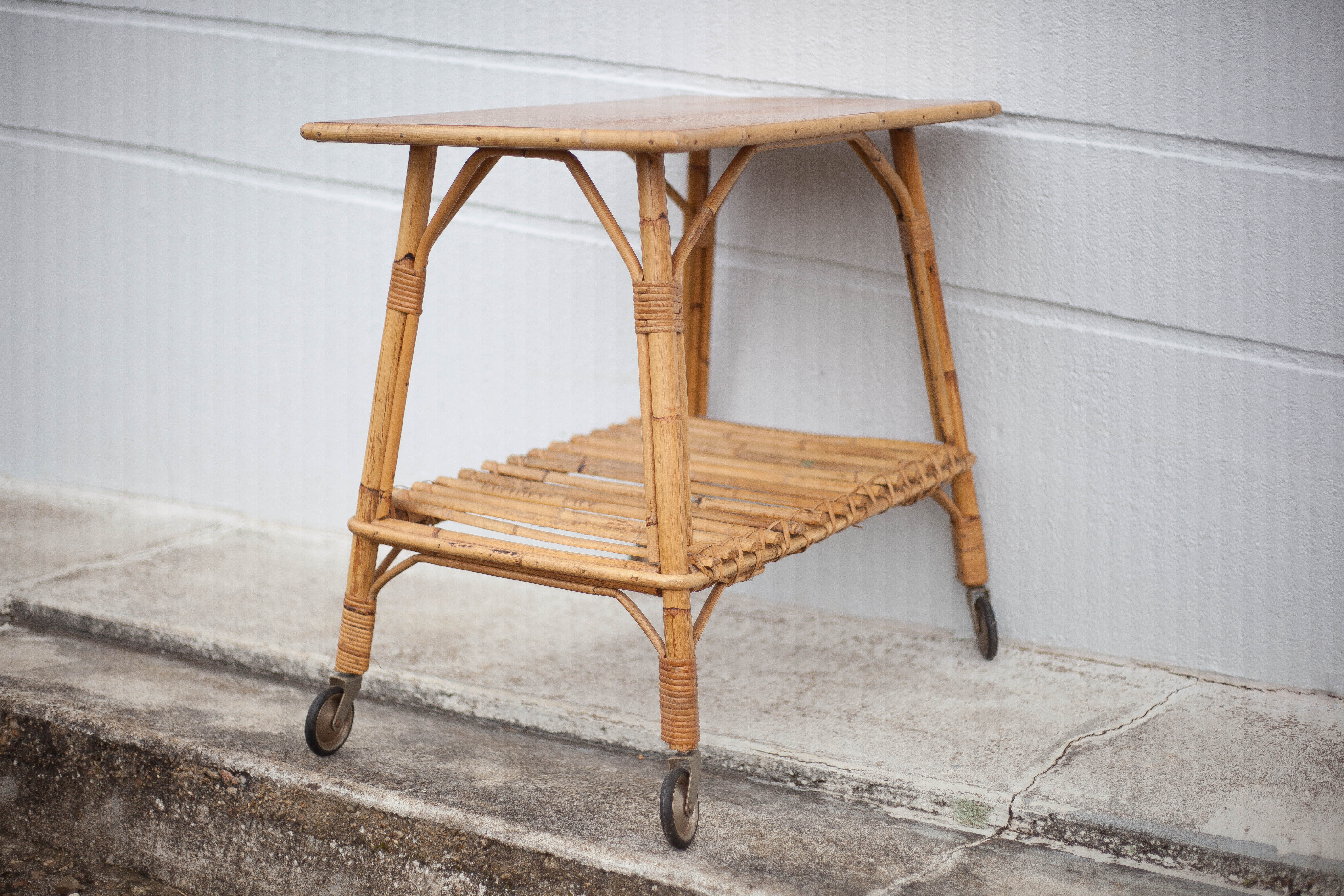 Bamboo table with wheels, bamboo service with wheels, servant, interior decoration