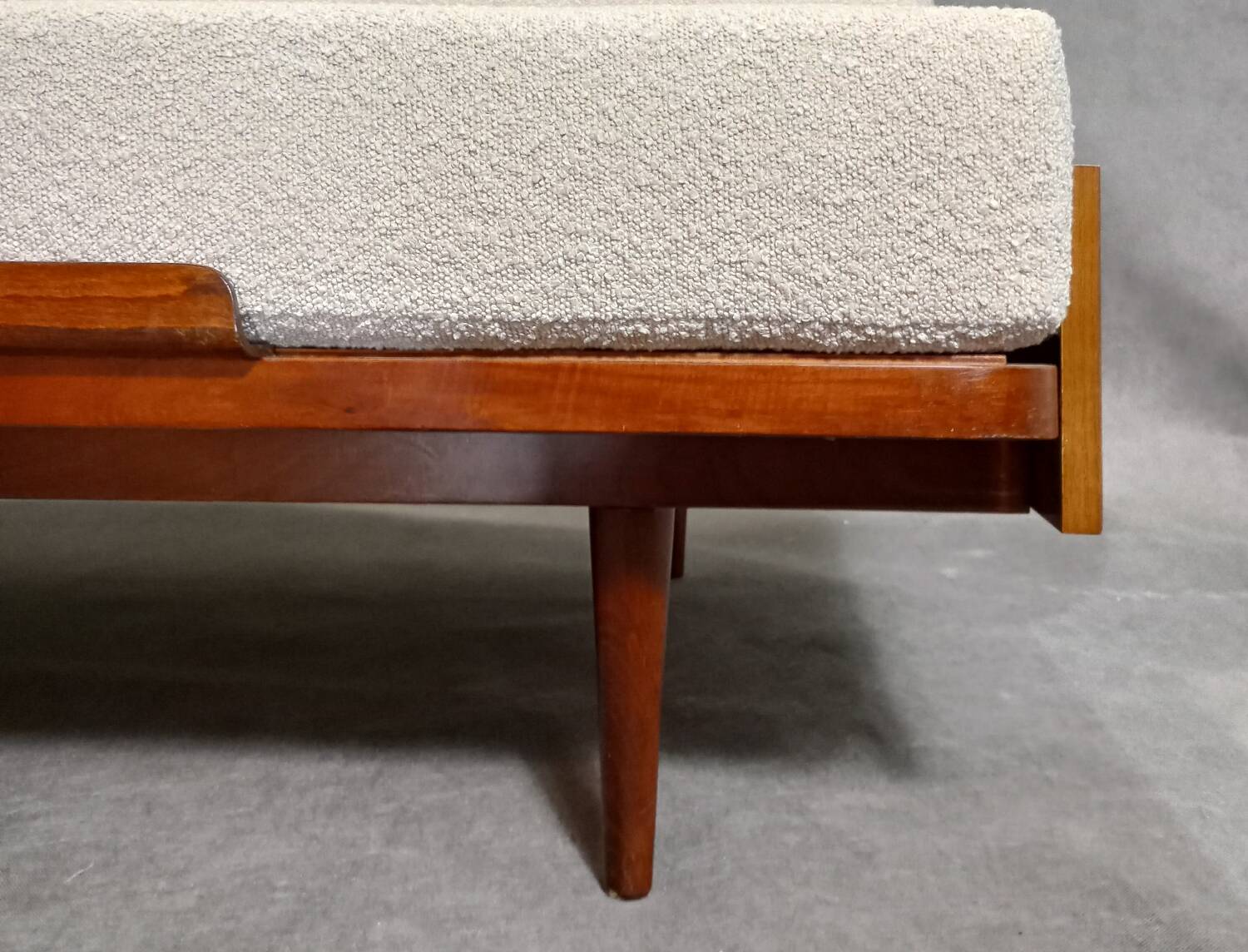Jitona sobeslav sofa bed in walnut & boucle fabric, vintage czech 1960s