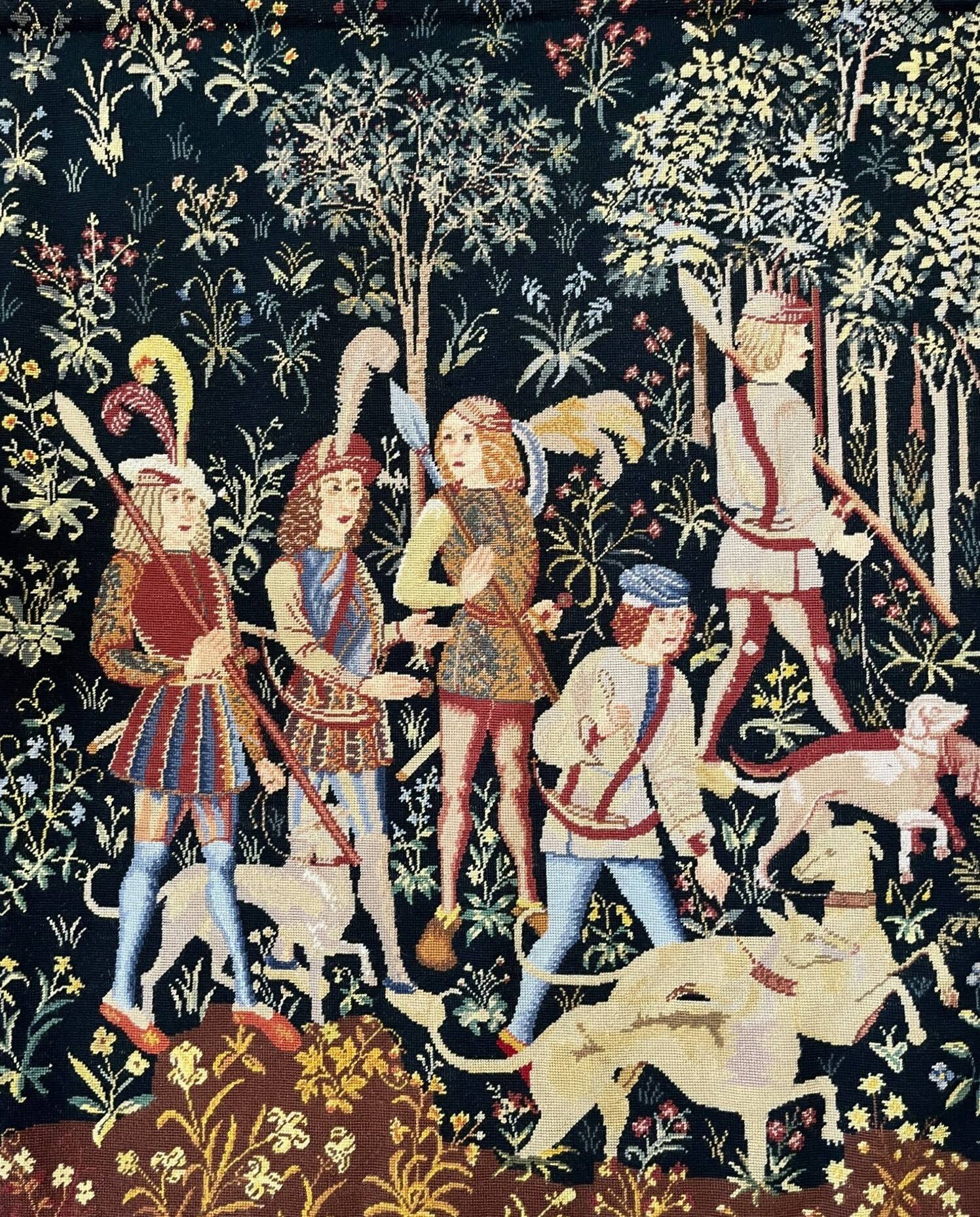 Antique handwoven tapestry Medieval Hunt Unicorn 20th century