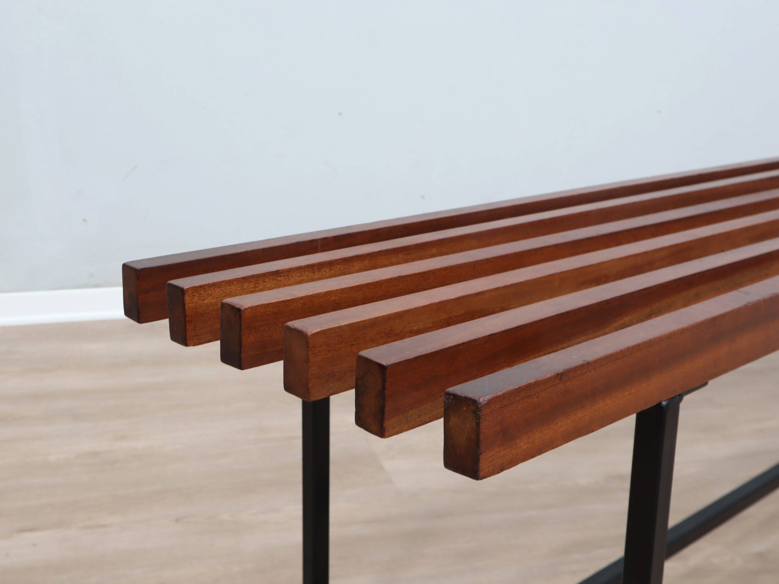 Mid-Century slatted teak bench with iron frame Italy 1950s