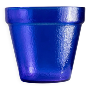 Grand pot de fleurs en verre bleu profond vintage avec surface texturée – verre italien des années 1970, style mid-century