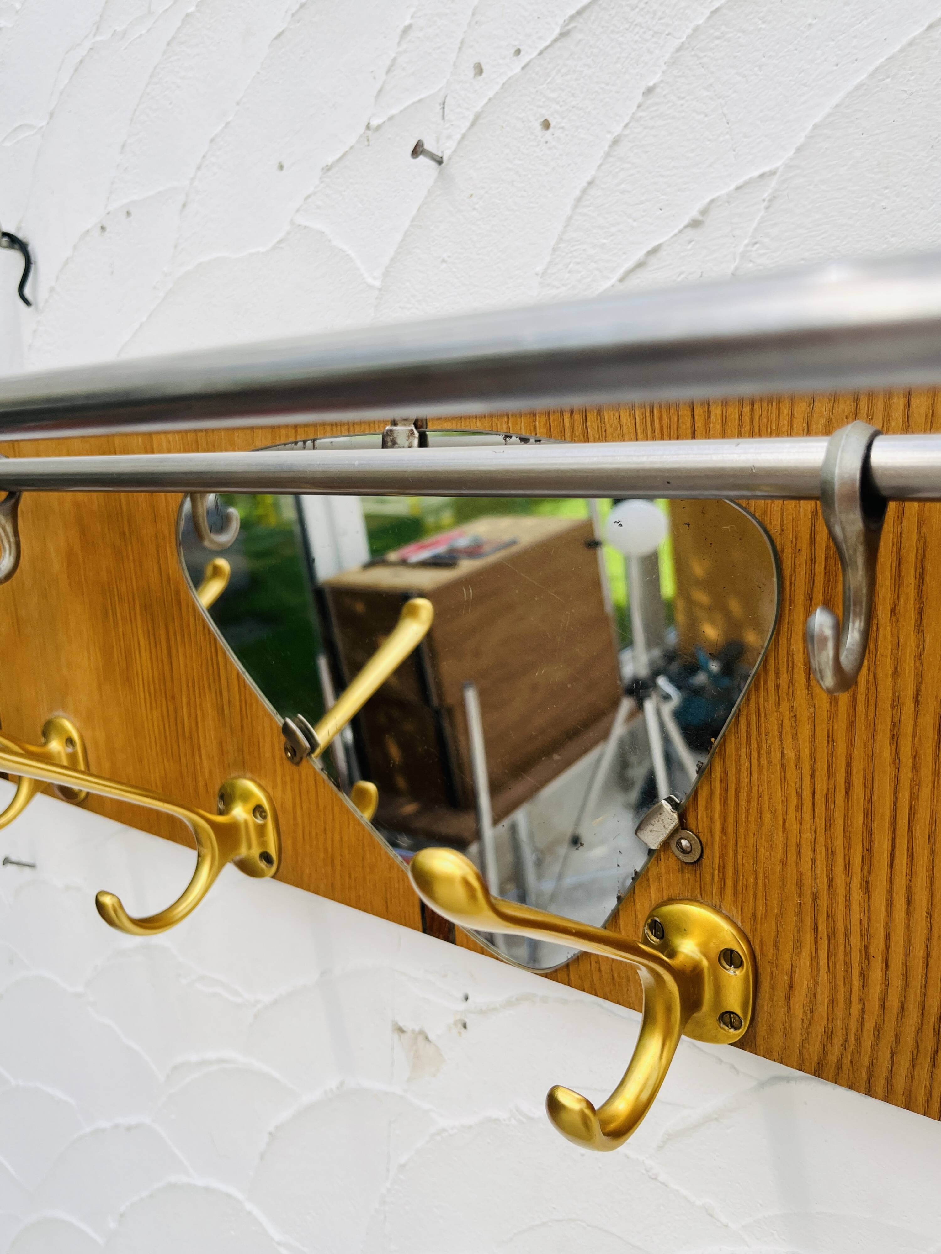Vintage teak wall coat rack with mirror