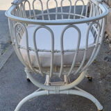 Bed crib bamboo rattan with wheels, white, with handle, vintage, 60s