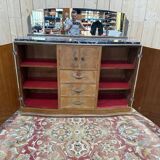 Buffet bas époque Art déco en bois et marbre avec miroir