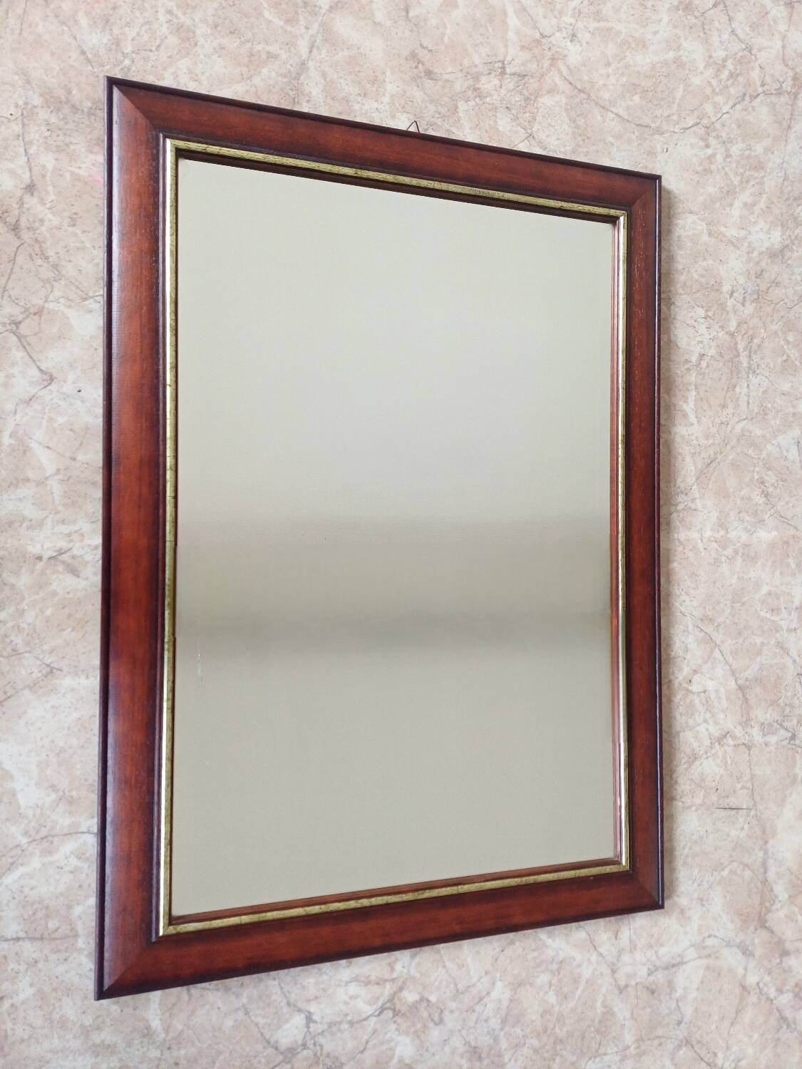 Vintage Cherry Wood Wall Mirror with Gilt Detail & Beveled Glass, 1980