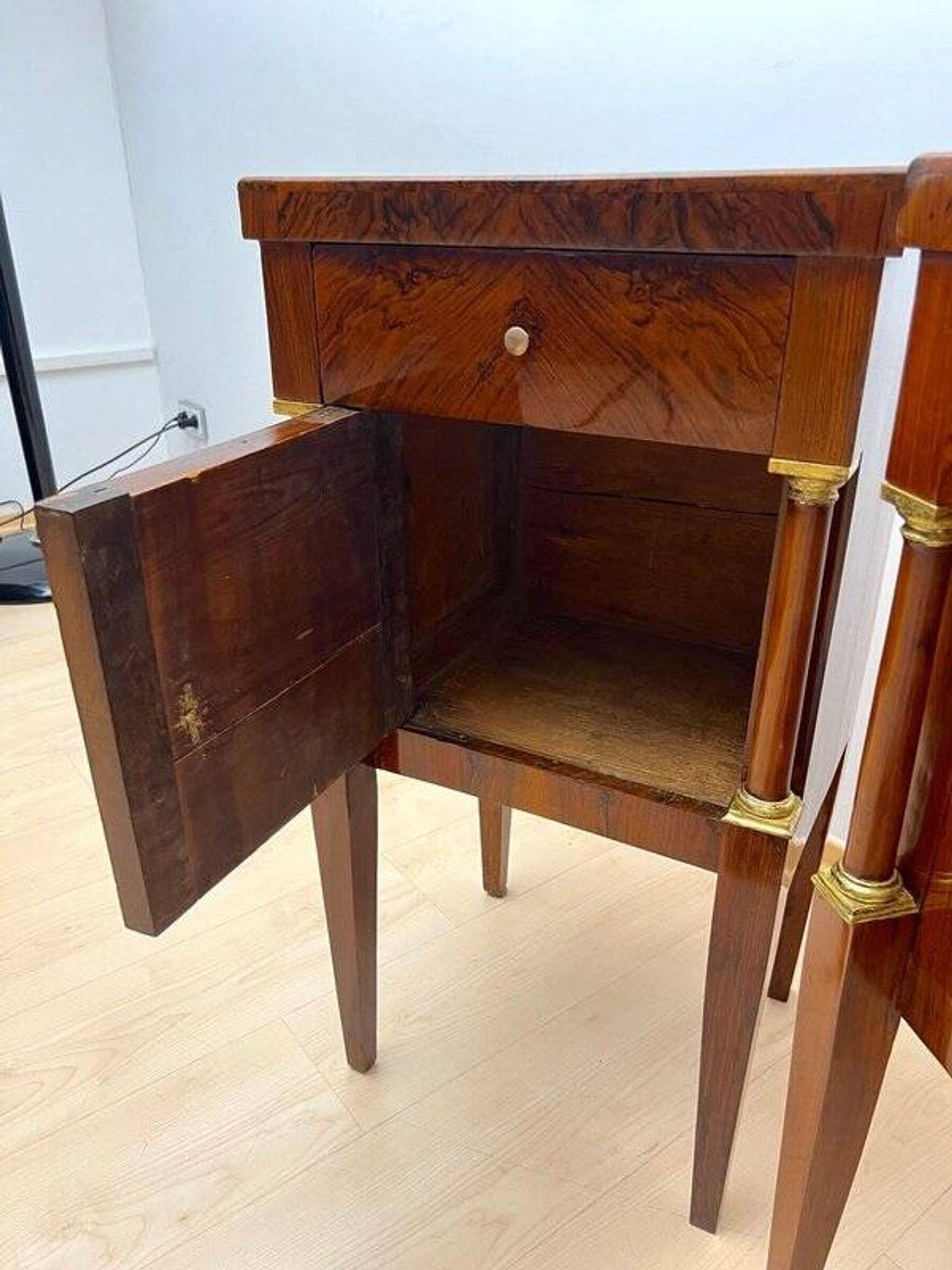Empire Nightstands in Walnut with Full Columns in Gilt Brass, Italy, 1810, Set of 2