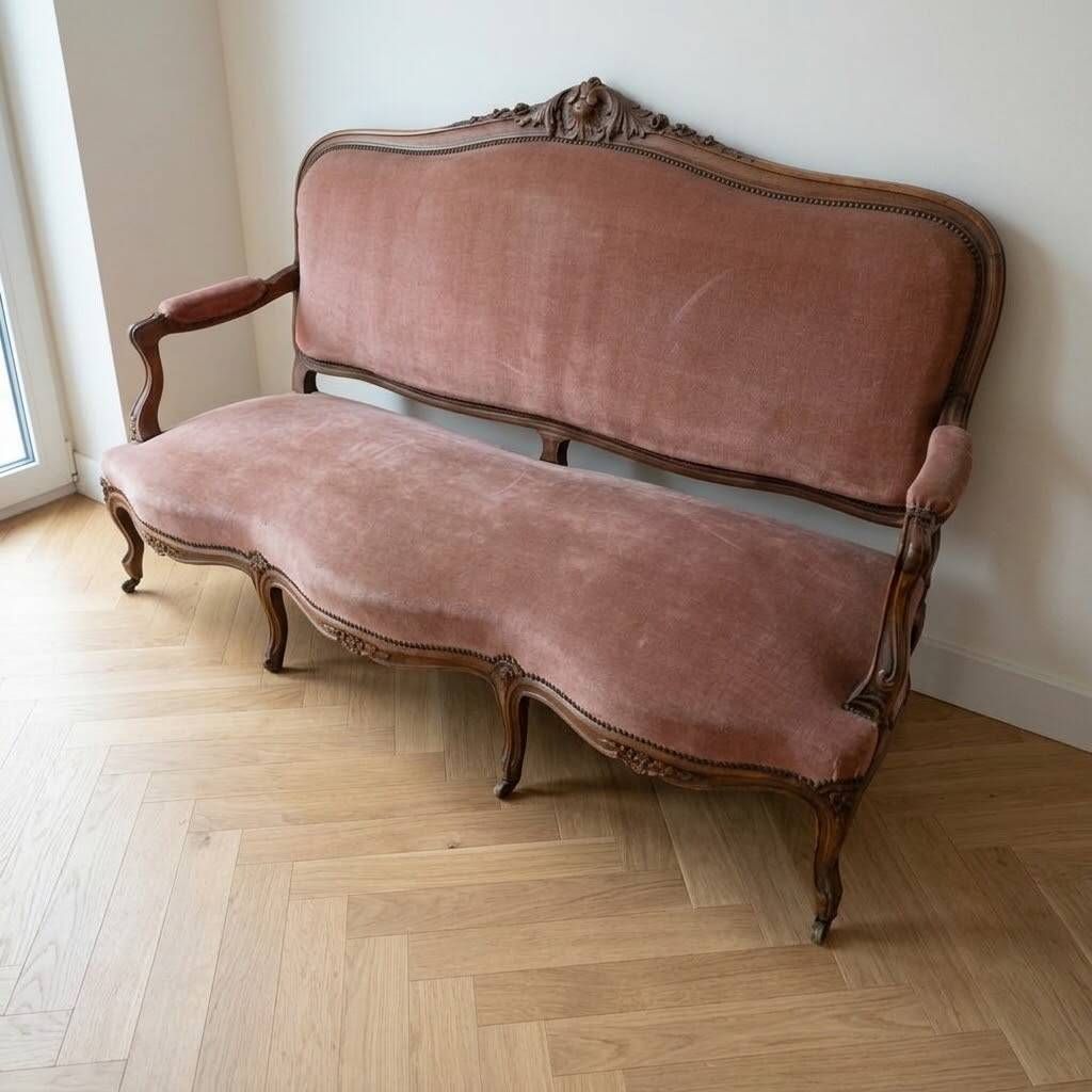 Ensemble canapé ancien en velours rose : L 173 cm × H 103 cm × P 67 cm