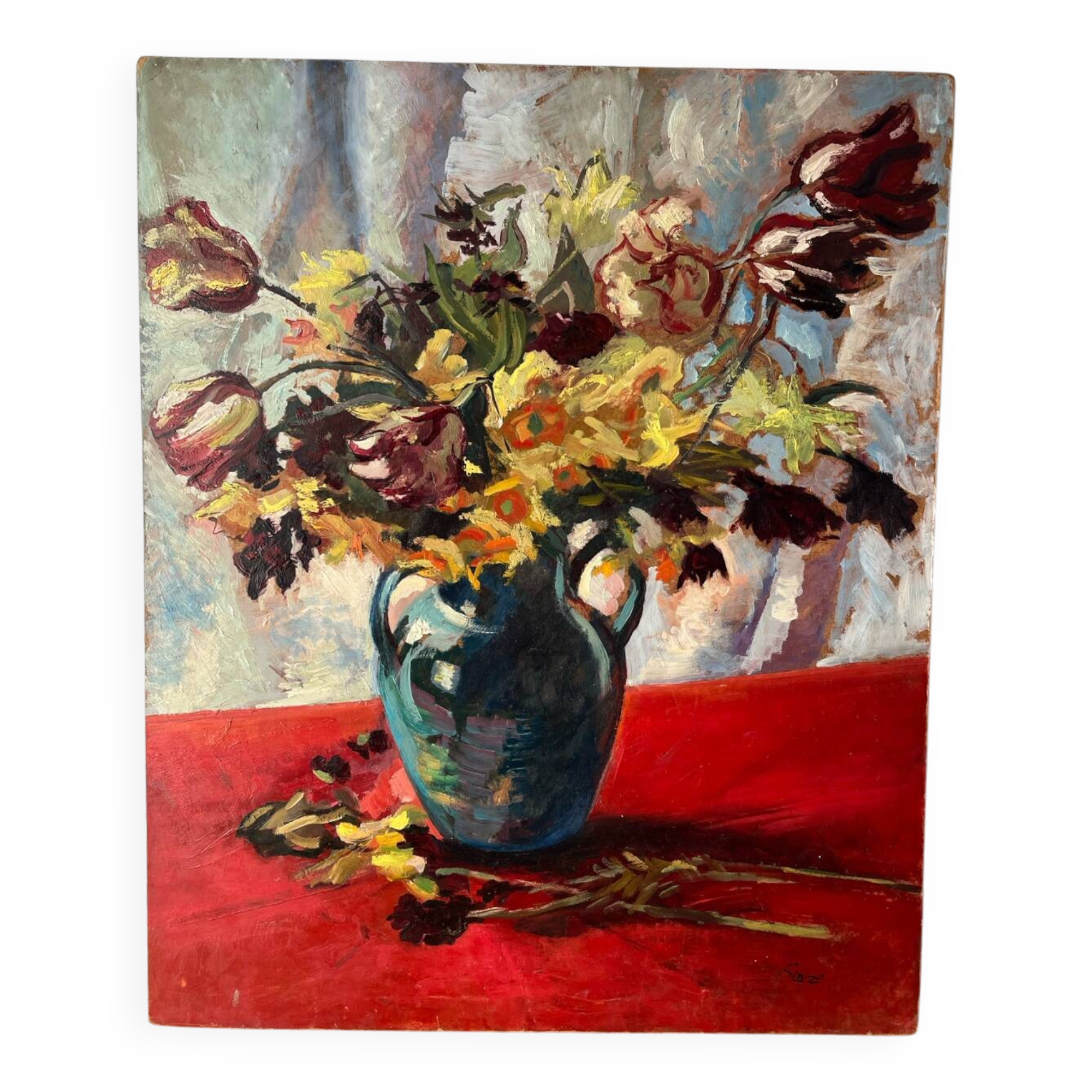 Bouquet of flowers on a red tablecloth, knife on a board, signed Renzo.