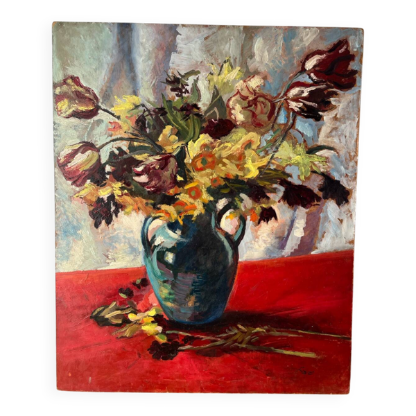 Bouquet de fleurs sur nappe rouge, couteau sur panneau, signé Renzo