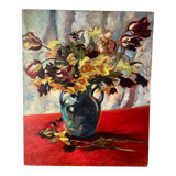 Bouquet of flowers on a red tablecloth, knife on a board, signed Renzo.