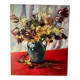 Bouquet of flowers on a red tablecloth, knife on a board, signed Renzo.