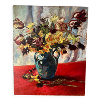Bouquet of flowers on a red tablecloth, knife on a board, signed Renzo.
