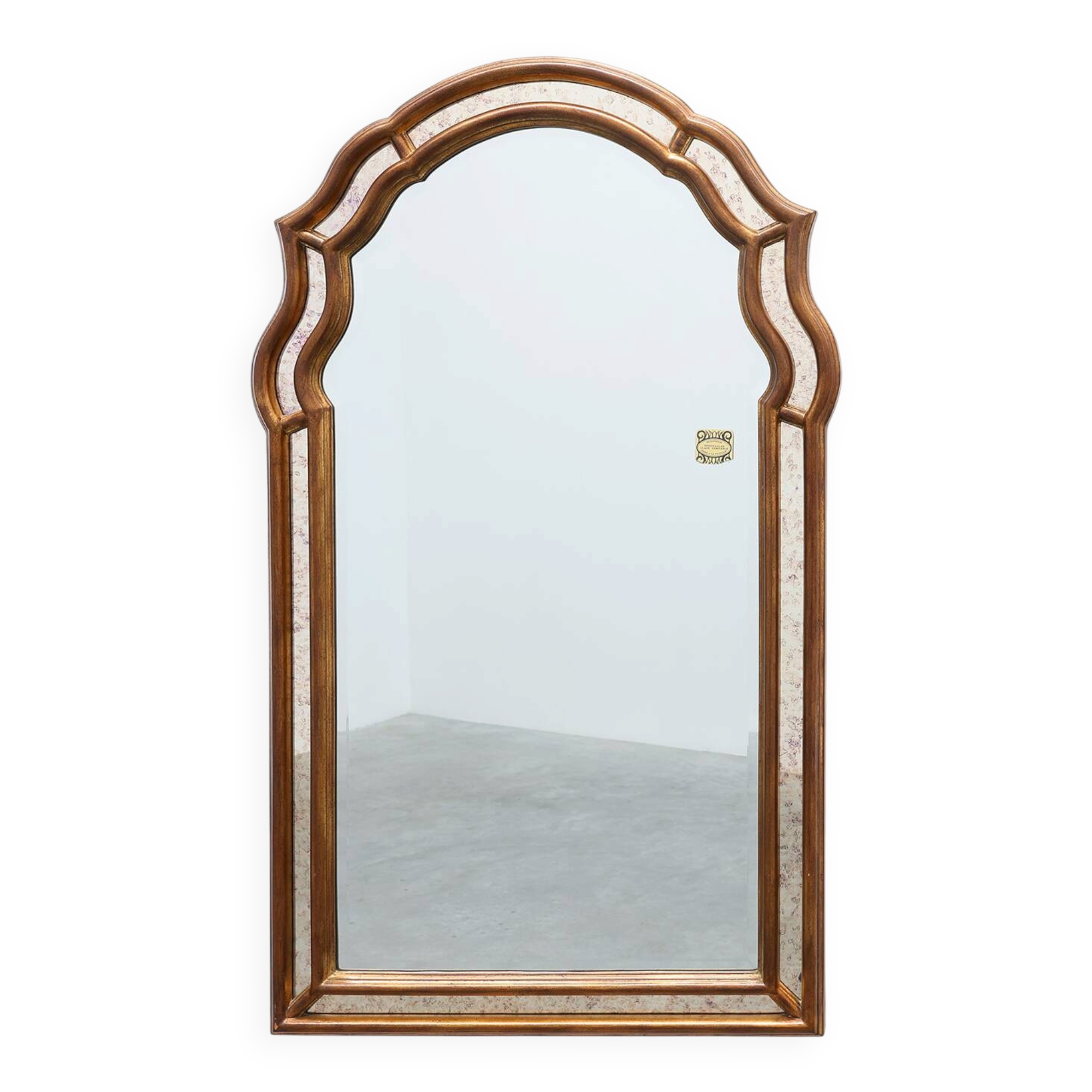 Arched gold-leaf mirror with marbled glass border by Deknudt, Belgium, 20th