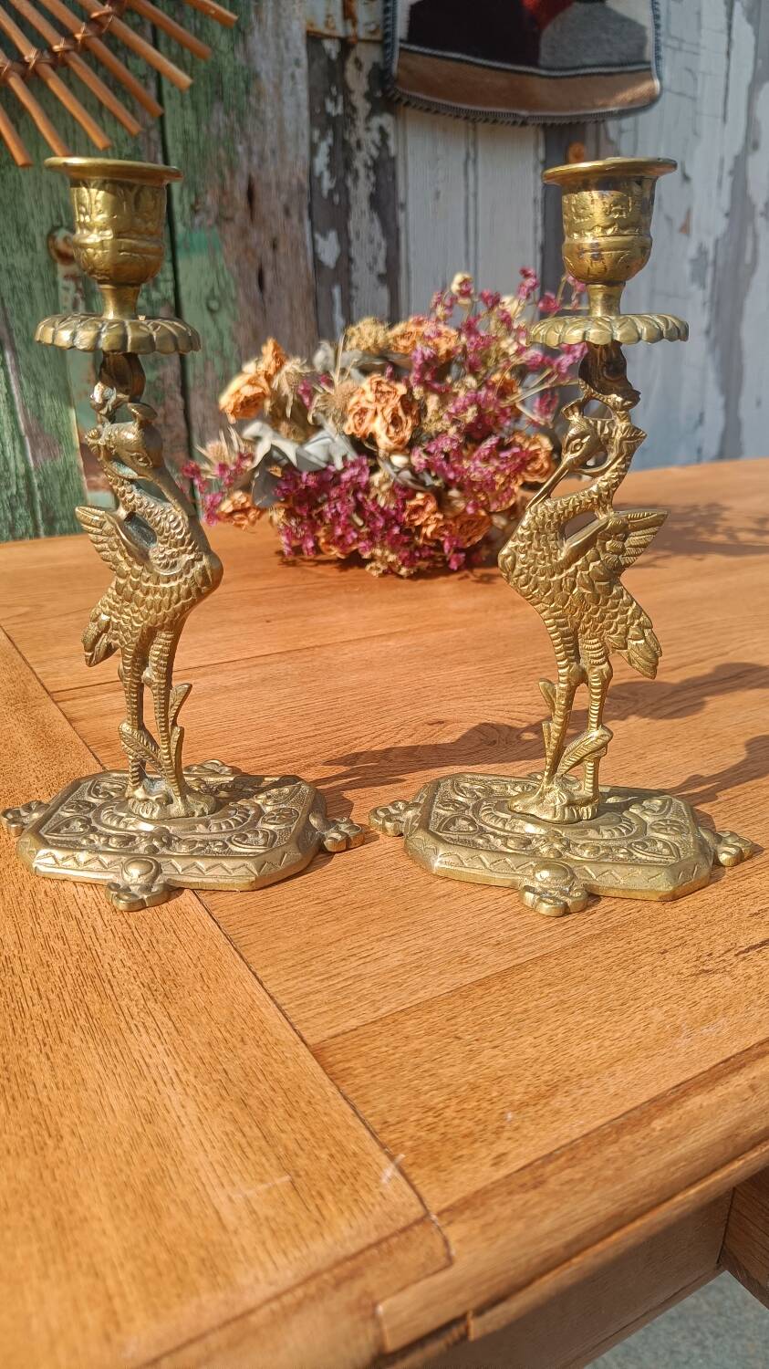 Bronze candlesticks, heron, Orientalist Art Deco