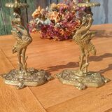 Bronze candlesticks, heron, Orientalist Art Deco