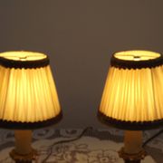 Pair Vintage French Bronze Candlestick Lamps Pleated Fabric Shades