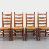 Set of 4 vintage brutalist Charles Dudouyt chairs in wood and straw from the 60s
