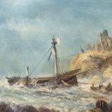 19th century oil on canvas depicting an animated marine scene with its gilded wooden frame