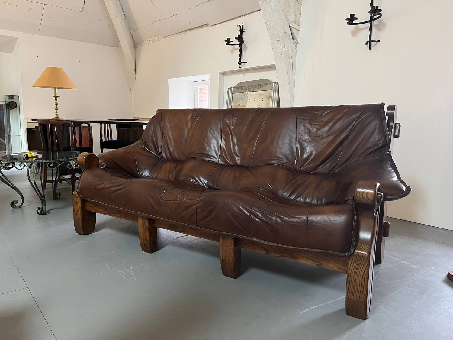 1960s Sofa and 2 Armchairs Set in Wood and Leather