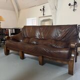 1960s Sofa and 2 Armchairs Set in Wood and Leather