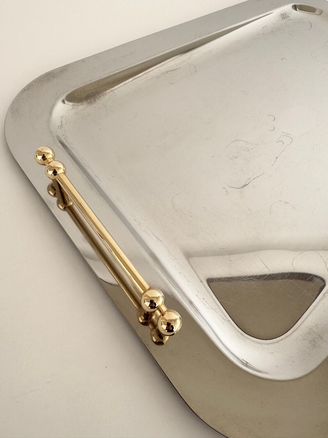 Vintage Stainless Steel Serving Tray With Gold Colored Handles