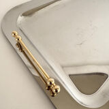 Vintage Stainless Steel Serving Tray With Gold Colored Handles