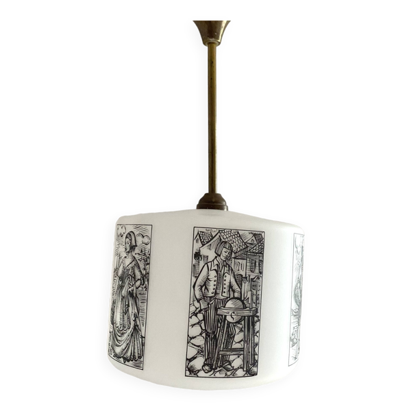 Suspension années 50-60 en verre opalin noir et blanc — Beyit