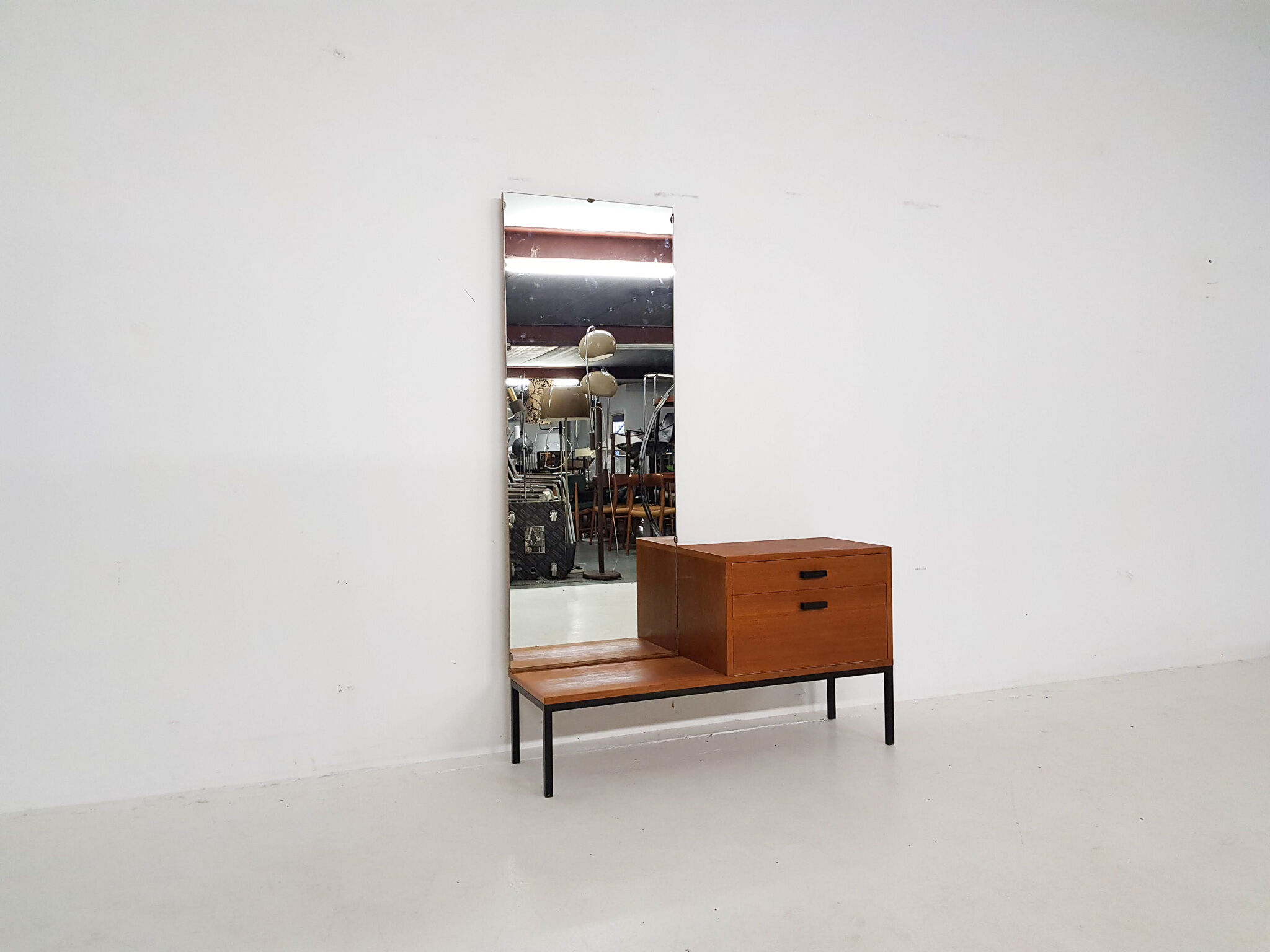 Mid-century teak hall way cabinet with mirror, The Netherlands 1950's