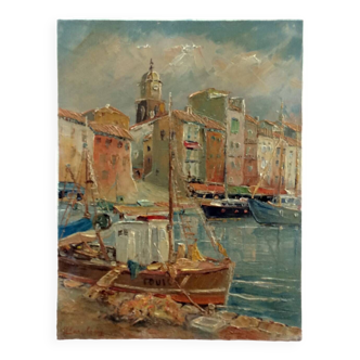 50's painting "St-Tropez Beach" signed Paroun