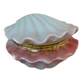 Vintage shell-shaped catchall in iridescent cream and pink ceramic.