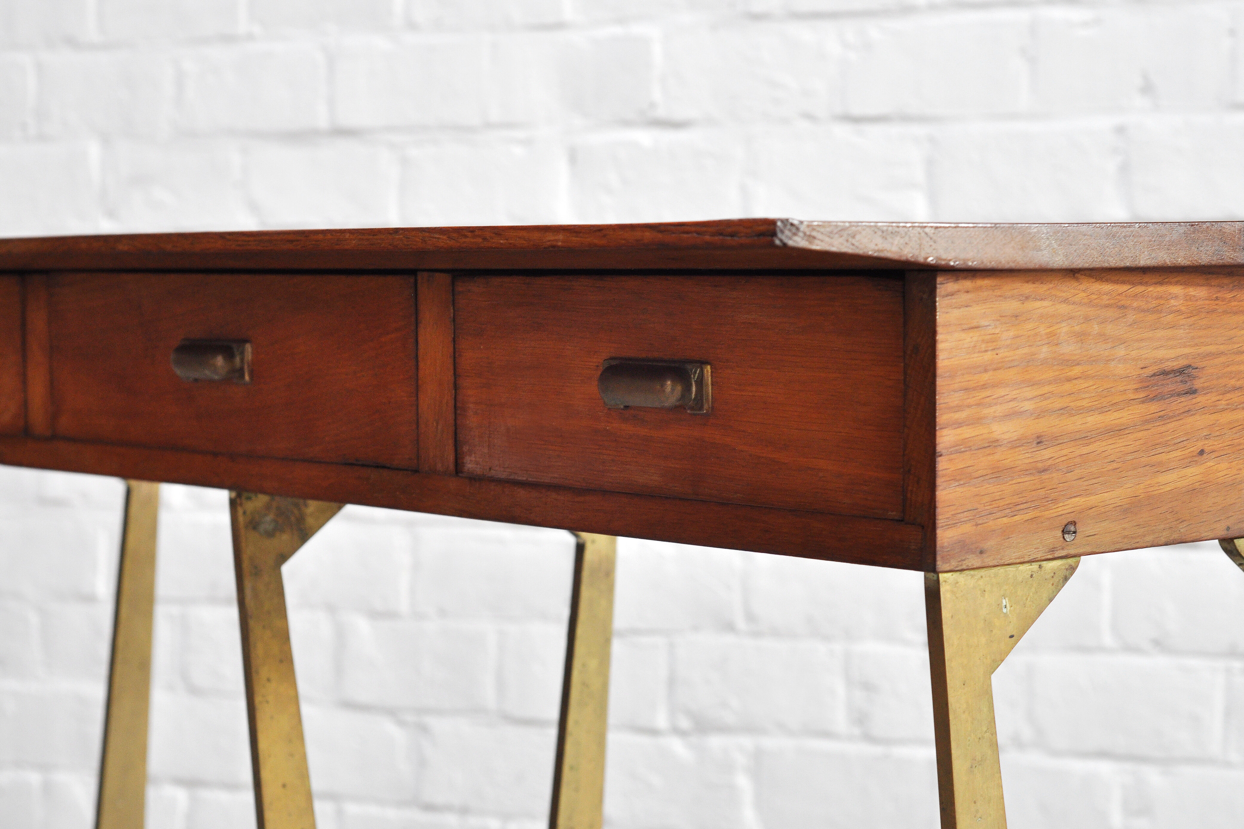 Sculptural wood & brass console table, italy 1950's